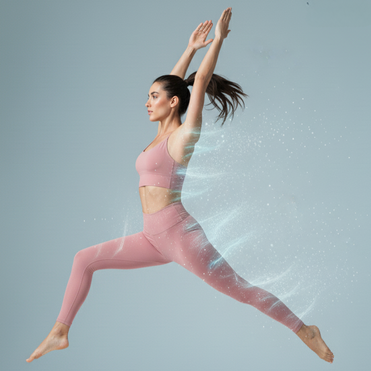 Woman in pink athletic wear performing a yoga pose against a gray background